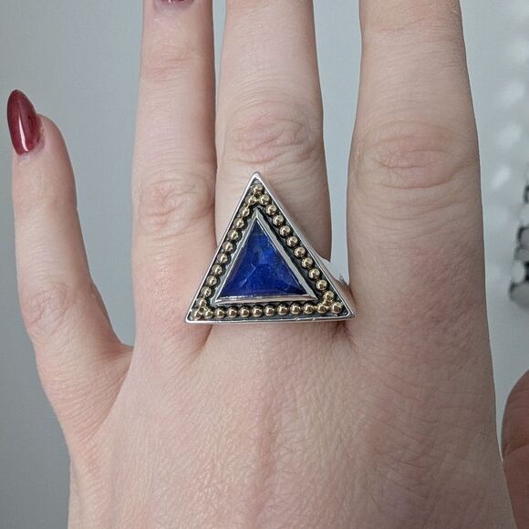 LAGOS Sterling silver 18k gold Lapis blue triangle beaded Treasure Chest ring - Picture 2 of 3